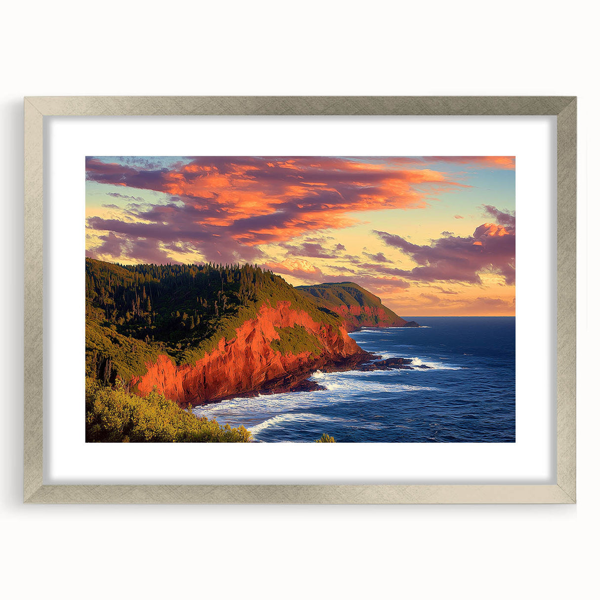 Framed landscape artwork showcasing rugged cliffs in a serene setting, surrounded by a silver mat. Ideal for home decor and enhancing interior aesthetics.