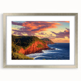 Framed landscape artwork showcasing rugged cliffs in a serene setting, surrounded by a silver mat. Ideal for home decor and enhancing interior aesthetics.