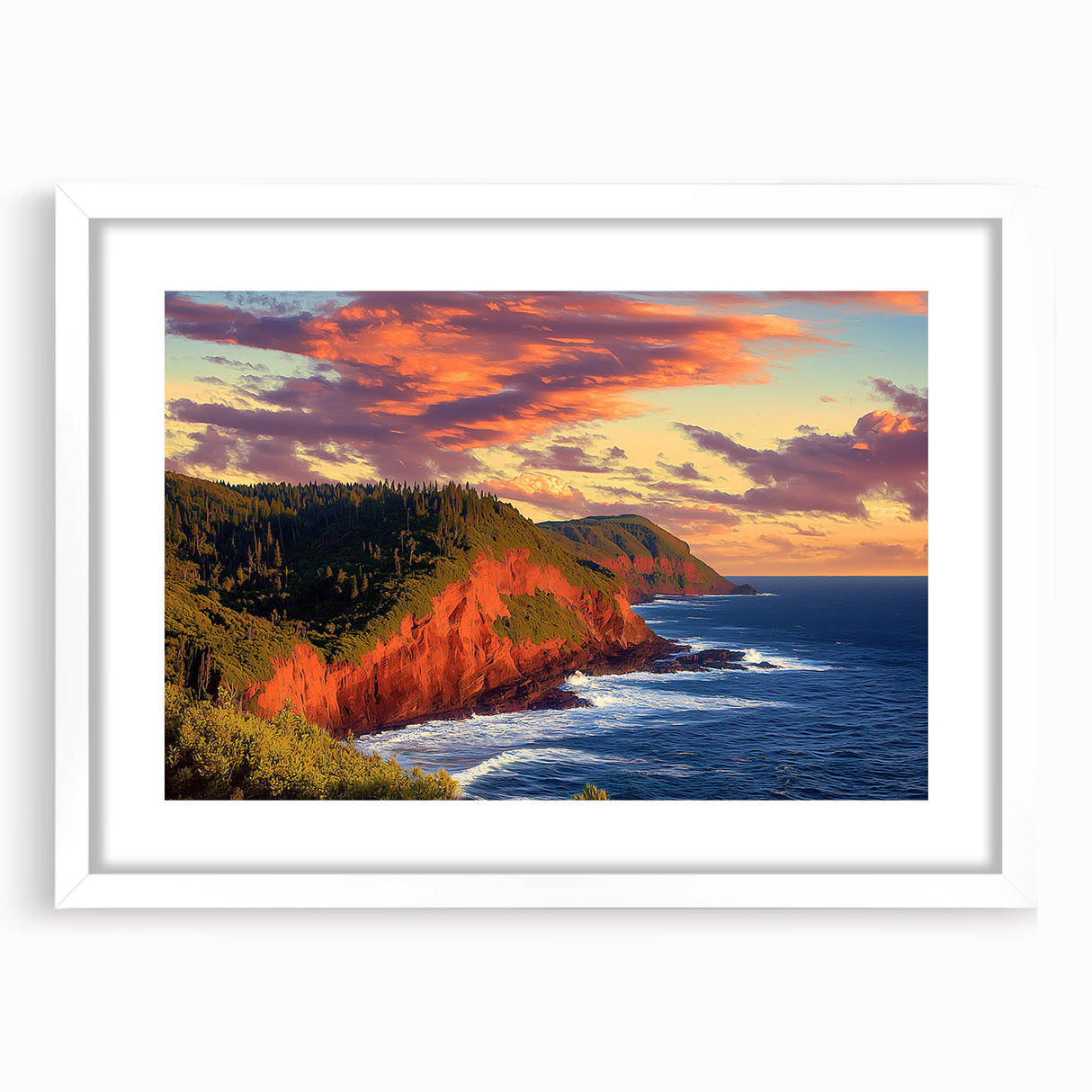 White-framed landscape art print showcasing dramatic cliffs against a vibrant sunset sky, ideal for home decor and enhancing interior aesthetics.