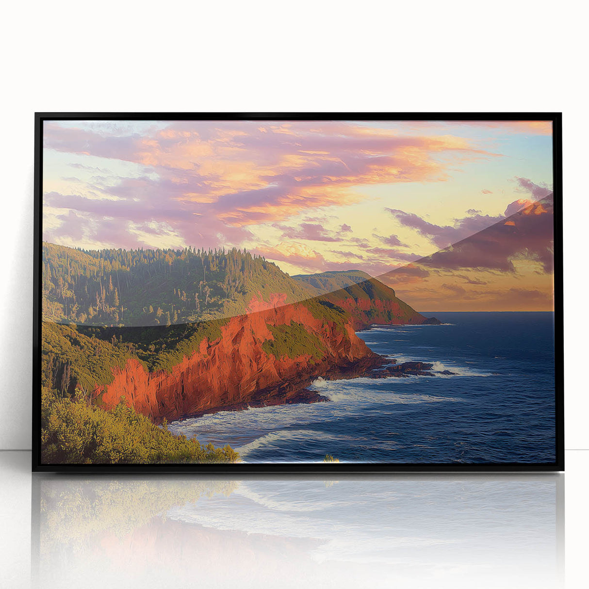 Framed acrylic artwork showcasing a breathtaking landscape of rugged cliffs under a clear blue sky, enhanced with a sleek black frame, perfect for modern home decor.