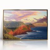 Framed acrylic artwork featuring a stunning landscape of cliffs, highlighted with gold accents, ideal for modern home decor. Perfect for adding elegance and depth to living spaces.