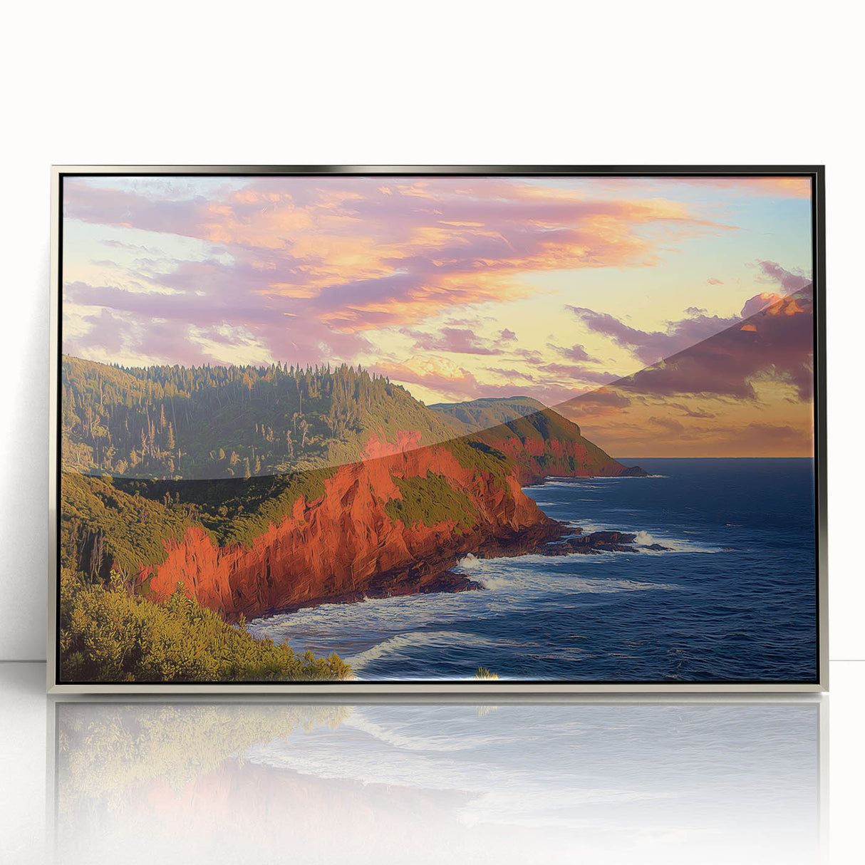 Framed acrylic artwork depicting a breathtaking landscape with towering cliffs and serene ocean waves, showcasing vibrant colors and intricate details, perfect for modern decor.