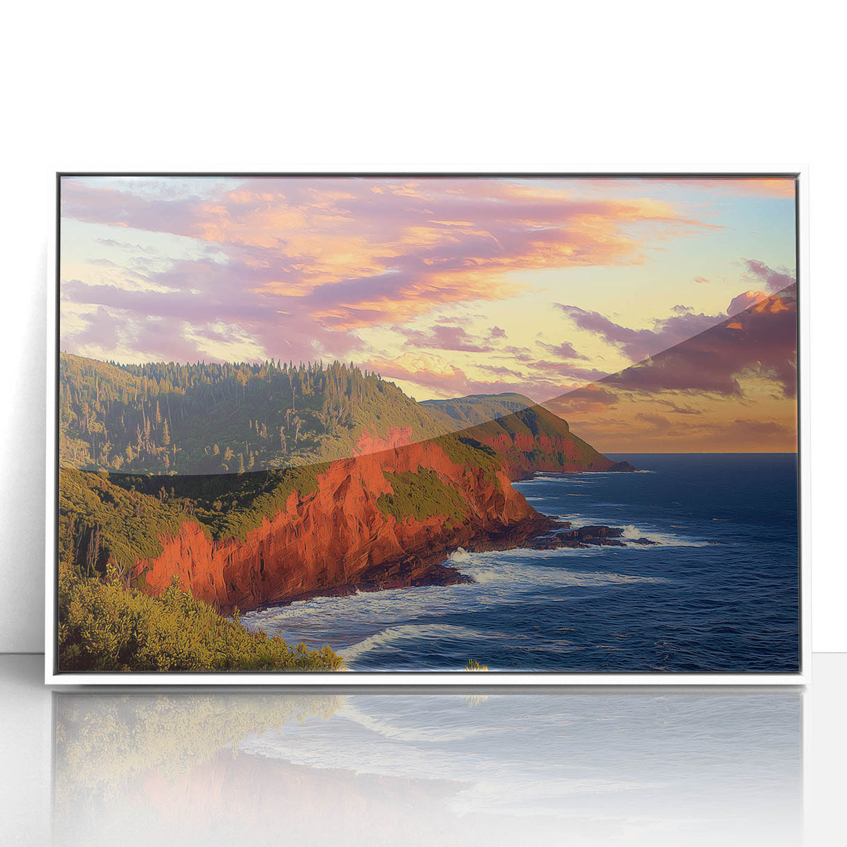 Framed acrylic wall art depicting vibrant cliffs and landscapes, featuring a white frame that enhances the artwork's colors and details, perfect for home decor.