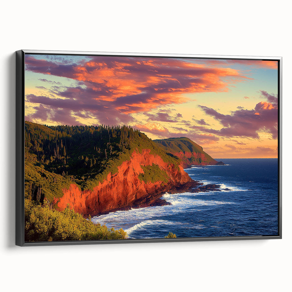 Framed canvas depicting a dramatic landscape of towering cliffs with a vibrant sunset, featuring a sleek black frame that enhances the artwork's depth and beauty. Perfect for adding a touch of nature-inspired elegance to any room decor.