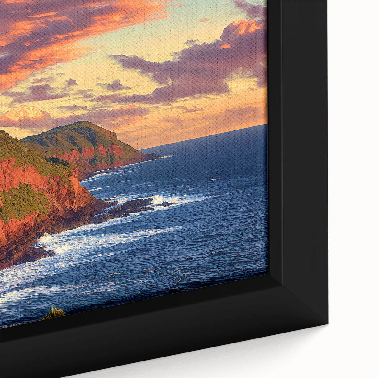 Close-up of a framed canvas depicting dramatic cliffs and serene landscapes, showcasing vibrant colors and intricate details, perfect for modern home decor.
