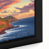 Close-up of a framed canvas depicting dramatic cliffs and serene landscapes, showcasing vibrant colors and intricate details, perfect for modern home decor.