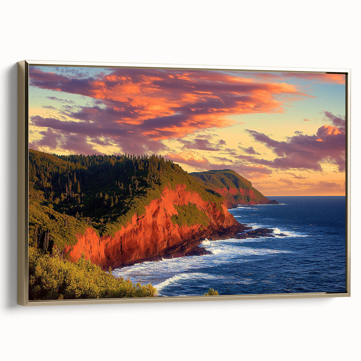 Framed canvas artwork titled "Landscapes: Cliffs" showcasing vibrant cliffs in rich colors with a gold frame, adding elegance to any room decor. Perfect for nature lovers.