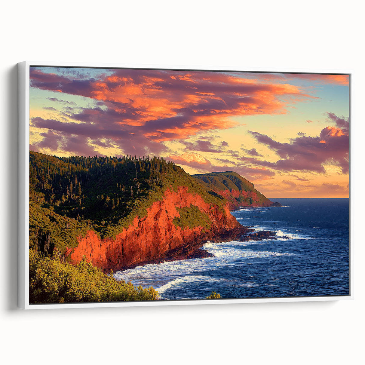 Framed canvas artwork depicting a stunning cliff landscape, showcasing vibrant colors and intricate details, set against a clean white frame, perfect for home decor.