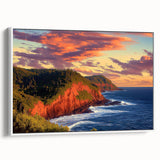 Framed canvas artwork depicting a stunning cliff landscape, showcasing vibrant colors and intricate details, set against a clean white frame, perfect for home decor.