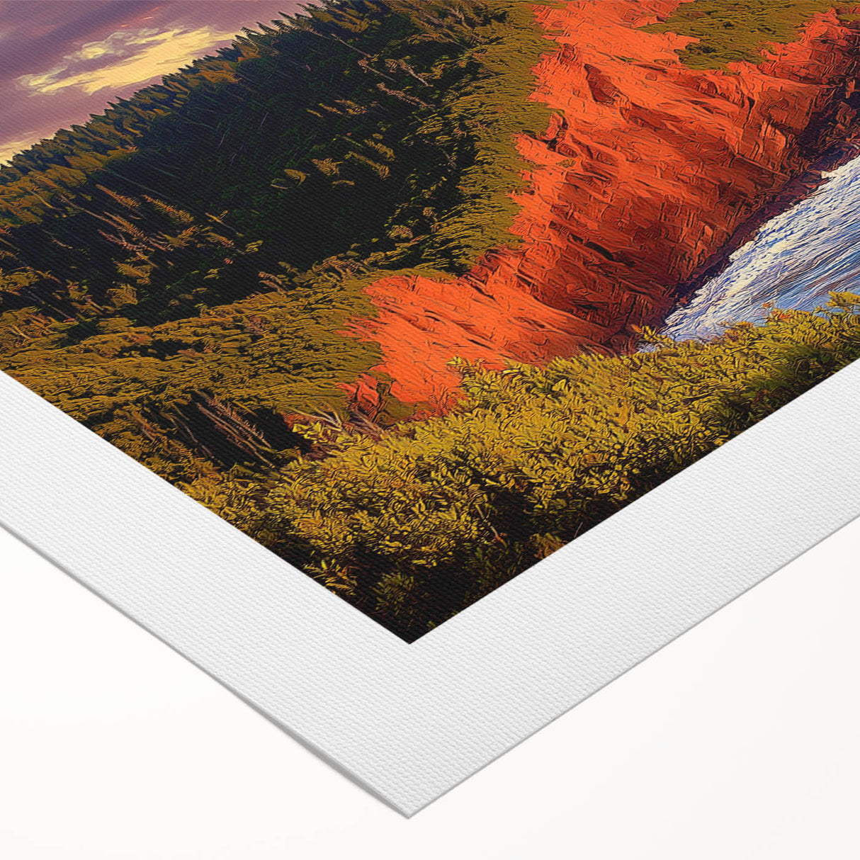 Vibrant rolled canvas art showcasing a stunning landscape with dramatic cliffs and a serene sky, perfect for adding a natural touch to home decor.