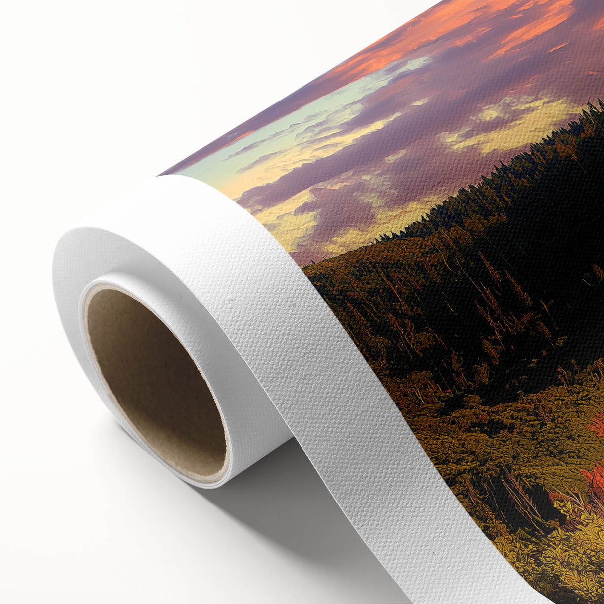 Stunning rolled canvas depicting a dramatic landscape of cliffs under a vibrant sunset, ideal for home decor, shipped in a protective cardboard tube.