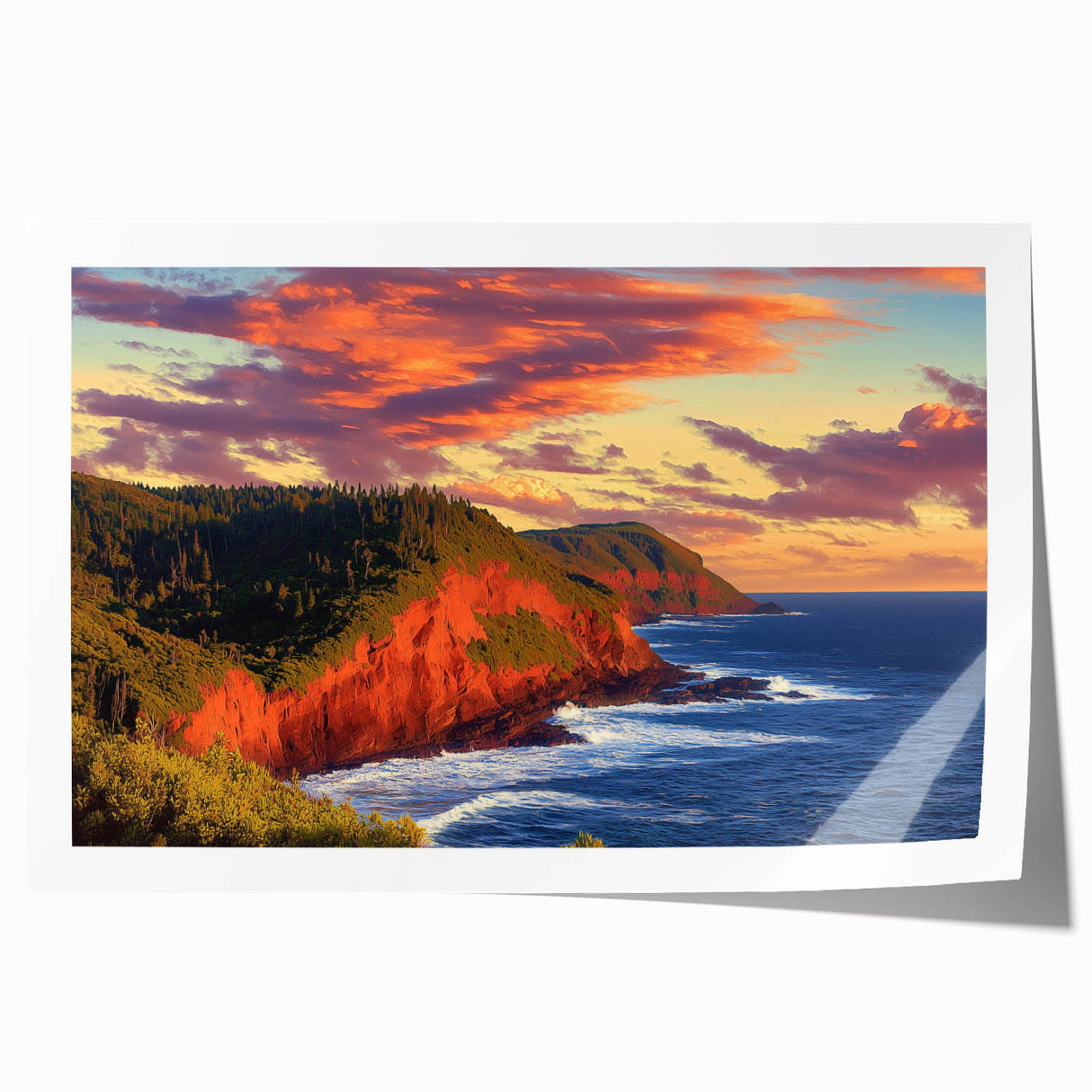Vibrant rolled print showcasing a stunning landscape of rugged cliffs under a bright blue sky, elegantly packaged for easy display and protection. Perfect for nature enthusiasts and home decor.