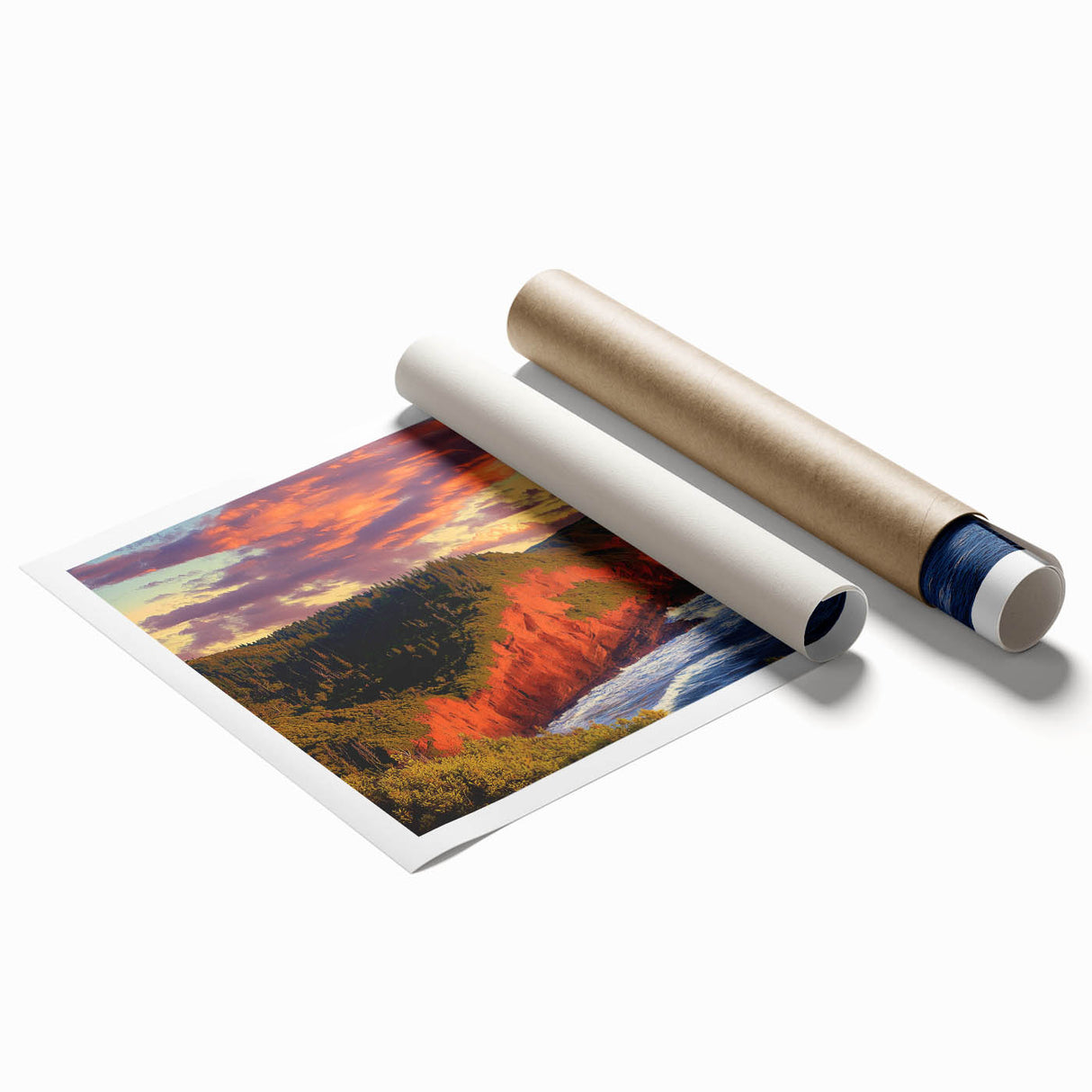 Stunning landscape art print showcasing dramatic cliffs against a vibrant sunset, rolled and securely packaged in a protective tube, perfect for home decor.