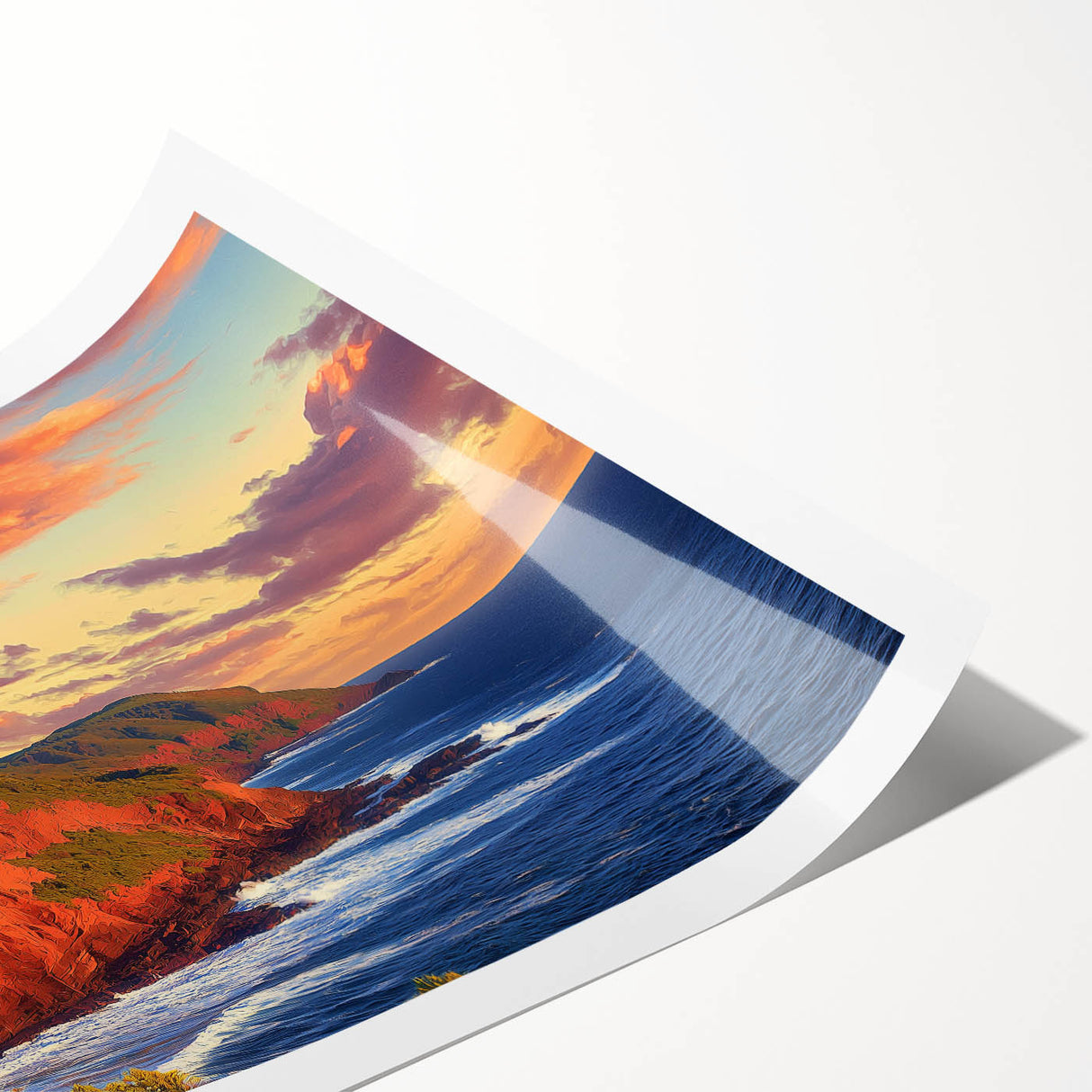 Rolled canvas print showcasing a stunning landscape of rugged cliffs and serene ocean waves, designed with vibrant colors and textures, perfect for home decor.