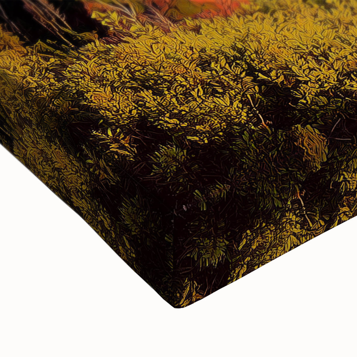Stretched canvas artwork showcasing a dramatic cliff landscape at sunset, highlighting vibrant colors and intricate details, perfect for home decor.