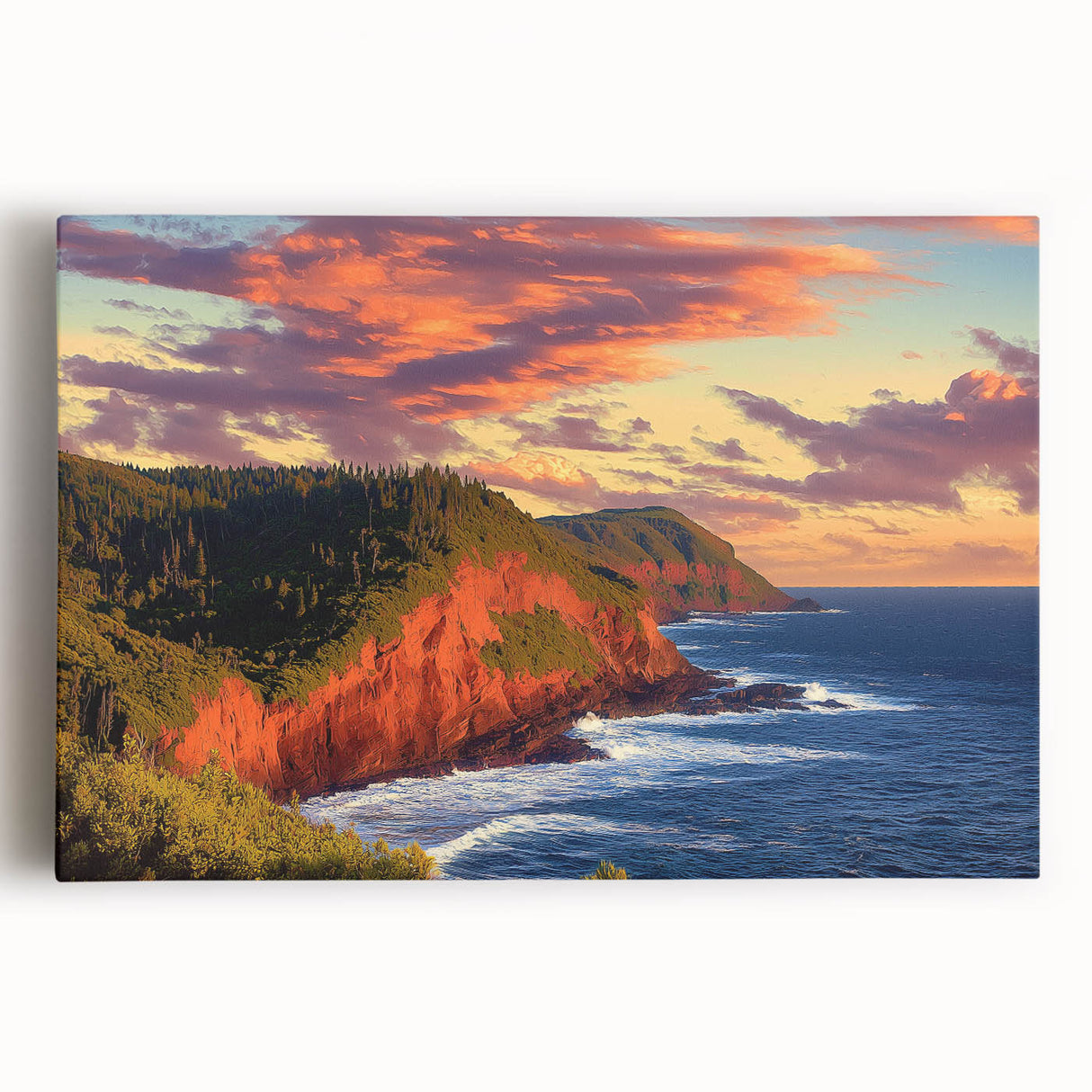 Stretched canvas artwork depicting a vibrant landscape of towering cliffs under a bright blue sky, perfect for adding a serene natural element to home decor.
