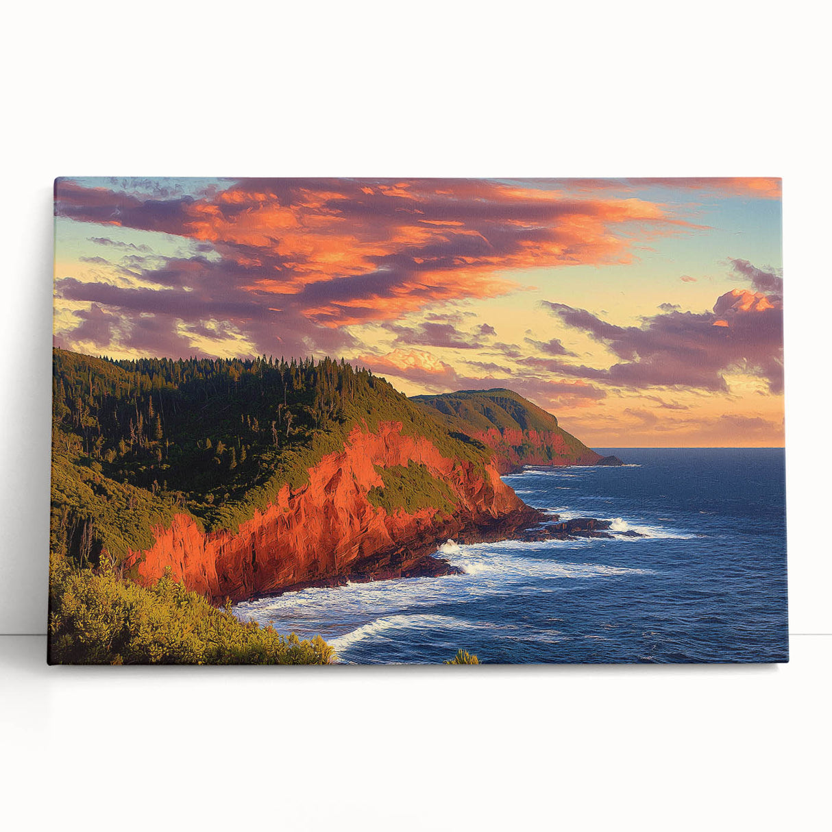 Stretched canvas artwork depicting dramatic cliffs against a vibrant sunset, featuring rich colors and textures, perfect for enhancing any modern home decor.