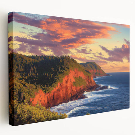 Stretched canvas artwork showcasing a dramatic cliff landscape in warm tones, ideal for home decor. The side view emphasizes its vibrant colors and texture. Perfect for nature lovers and art enthusiasts looking to enhance their living space.