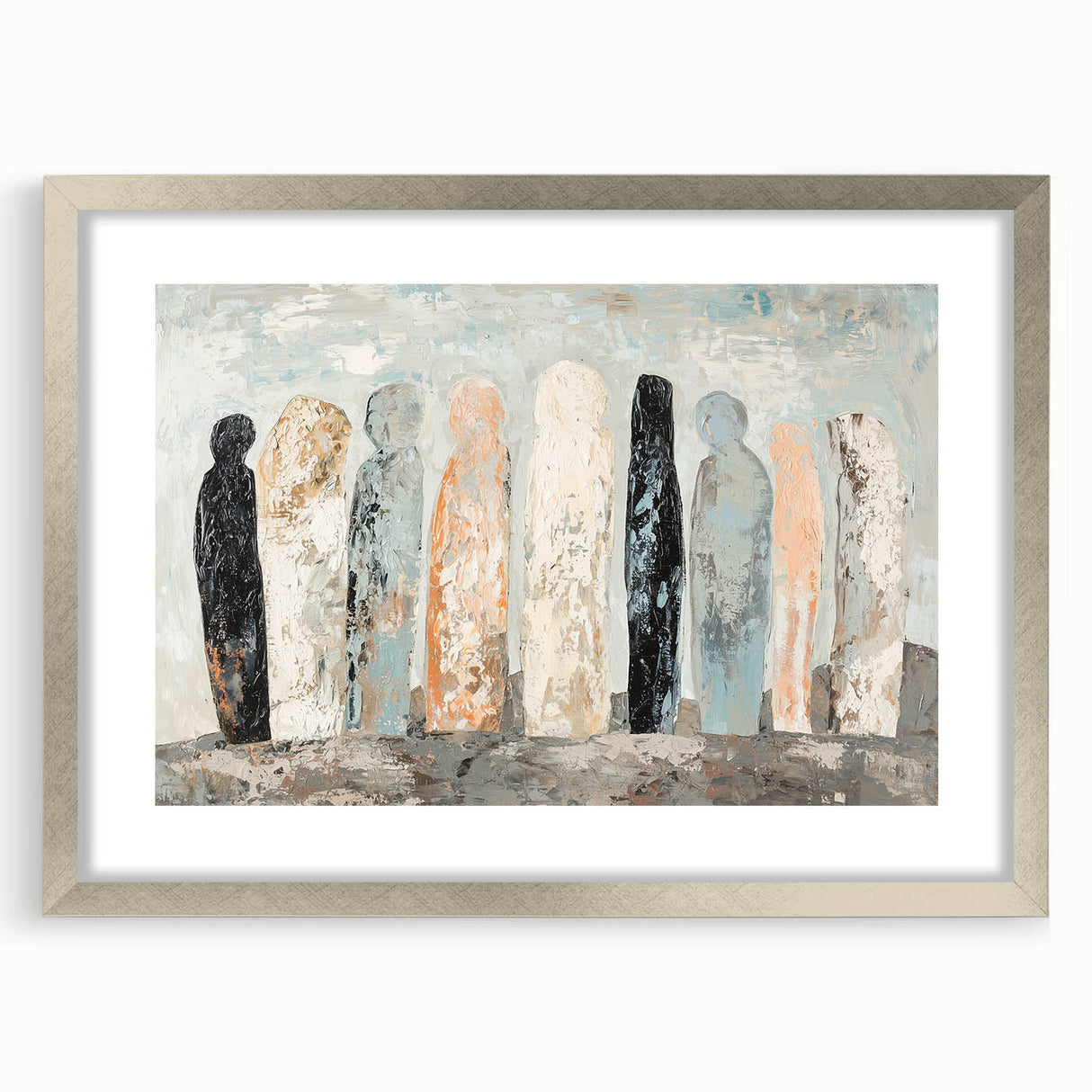 Abstract figurative silver-framed artwork with a mat, showcasing a modern design that adds elegance to any decor, perfect for contemporary interiors.