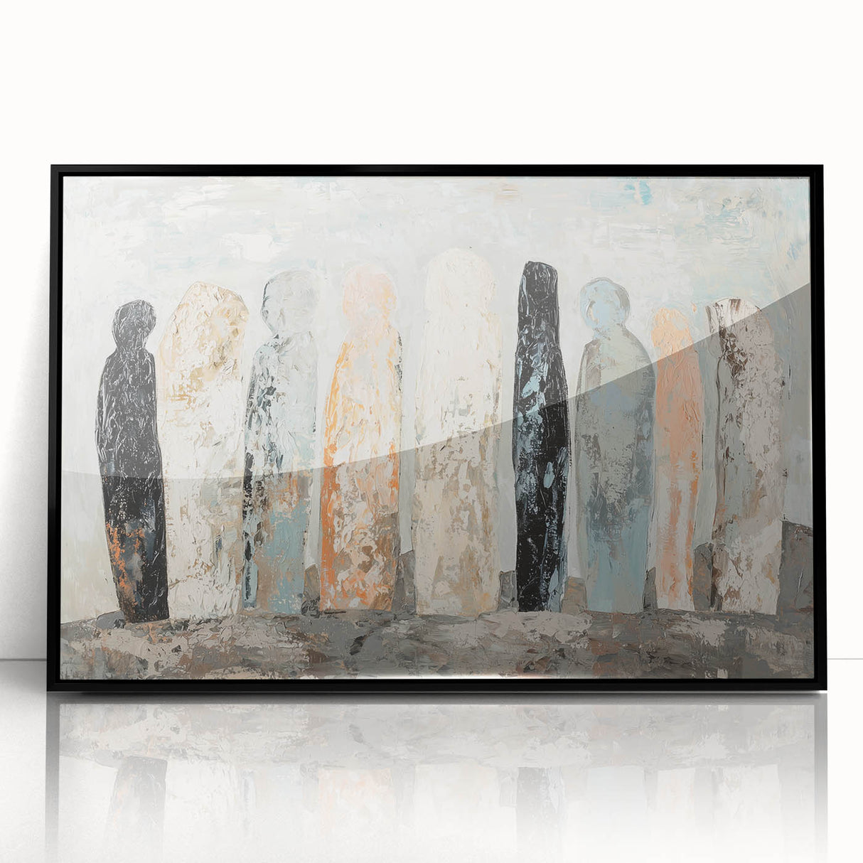 Framed abstract figurative artwork in black acrylic, showcasing a modern design with bold lines and shapes, perfect for contemporary home decor.
