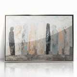 Framed abstract figurative art piece in silver acrylic, showcasing dynamic shapes and modern design, perfect for contemporary home decor.