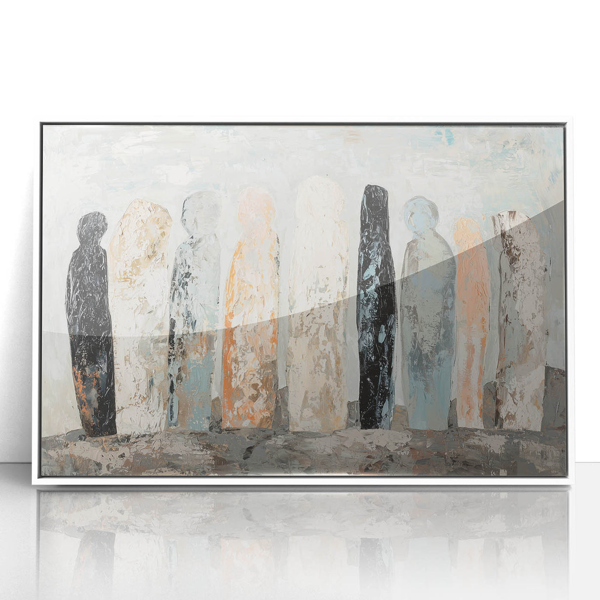 Abstract figurative wall art framed in white acrylic showcasing vibrant colors and dynamic shapes, perfect for modern home decor or artistic spaces.