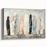 Abstract figurative framed canvas artwork showcasing dynamic silver tones and flowing shapes, ideal for modern home decor. The side view highlights its elegant frame and artistic depth, enhancing any interior space.