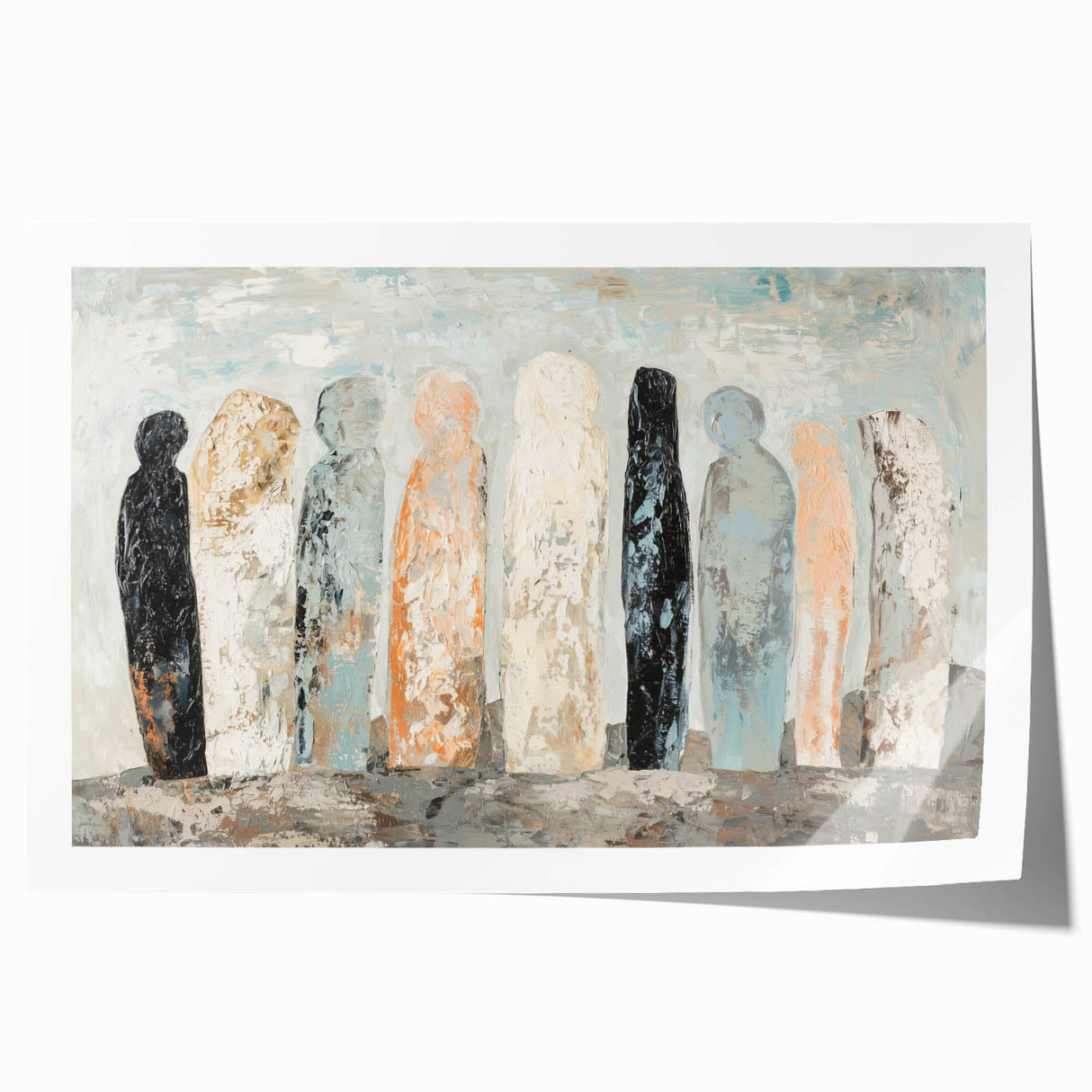 Abstract figurative rolled print showcasing vibrant colors and dynamic shapes, perfect for modern decor. Ideal for art enthusiasts seeking unique wall art.