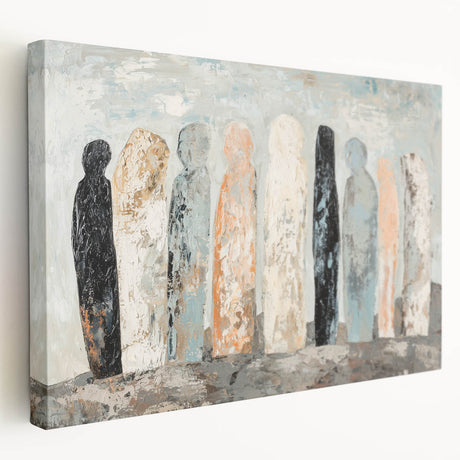 Abstract figurative stretched canvas artwork showcasing vibrant colors and dynamic shapes, emphasizing modern artistic expression. Ideal for contemporary home decor.