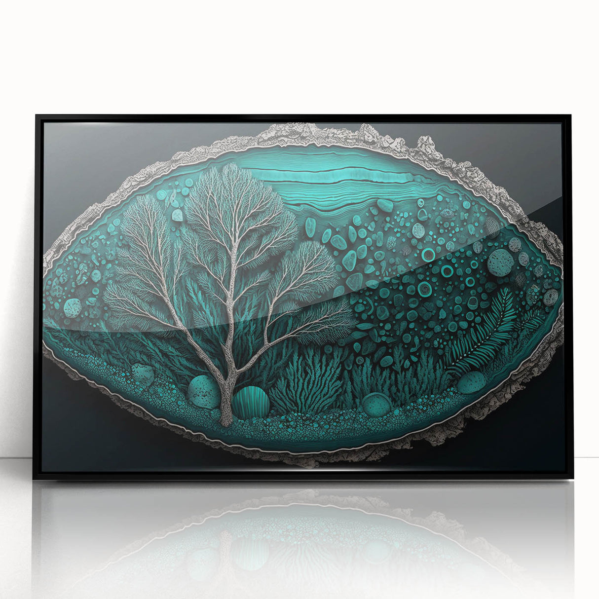 Framed abstract floral wall art featuring vibrant colors and intricate designs, set in a sleek black frame, perfect for modern home decor enhancement.