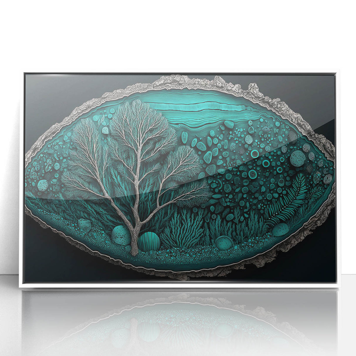 Framed abstract floral wall art featuring vibrant colors and intricate designs, displayed with a sleek white frame, perfect for modern home decor.