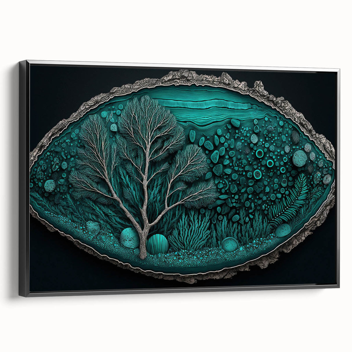 Abstract floral wall art framed in black, showcasing vibrant colors and intricate details, perfect for modern decor and enhancing interior aesthetics.