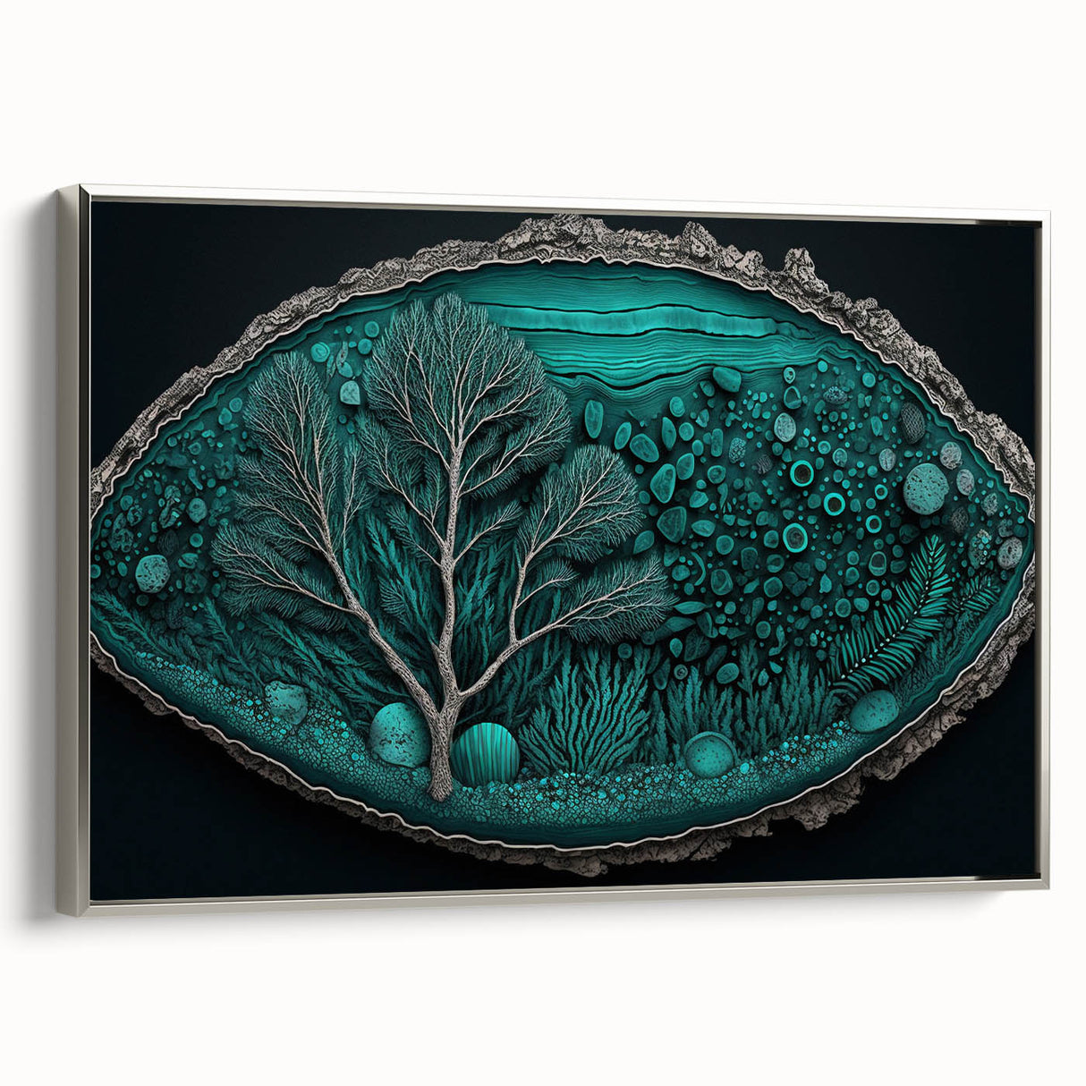 Framed canvas wall art showcasing an abstract floral design in vibrant colors, featuring a sleek silver frame and a side view to highlight its depth and elegance. Perfect for home decor.