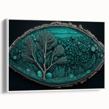 Abstract floral wall art in a white frame, showcasing vibrant colors and intricate patterns, ideal for modern home decor. Side view highlights the canvas texture and framing details.