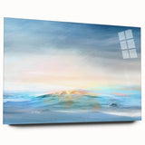 Abstract landscape wall art displayed in a sleek acrylic glass frame, showcasing vibrant colors and fluid shapes, perfect for modern home decor.