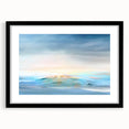 Abstract landscape wall art framed with a black mat, showcasing vibrant hues of blue and green against a textured background, perfect for modern decor.