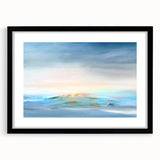 Abstract landscape wall art framed with a black mat, showcasing vibrant hues of blue and green against a textured background, perfect for modern decor.