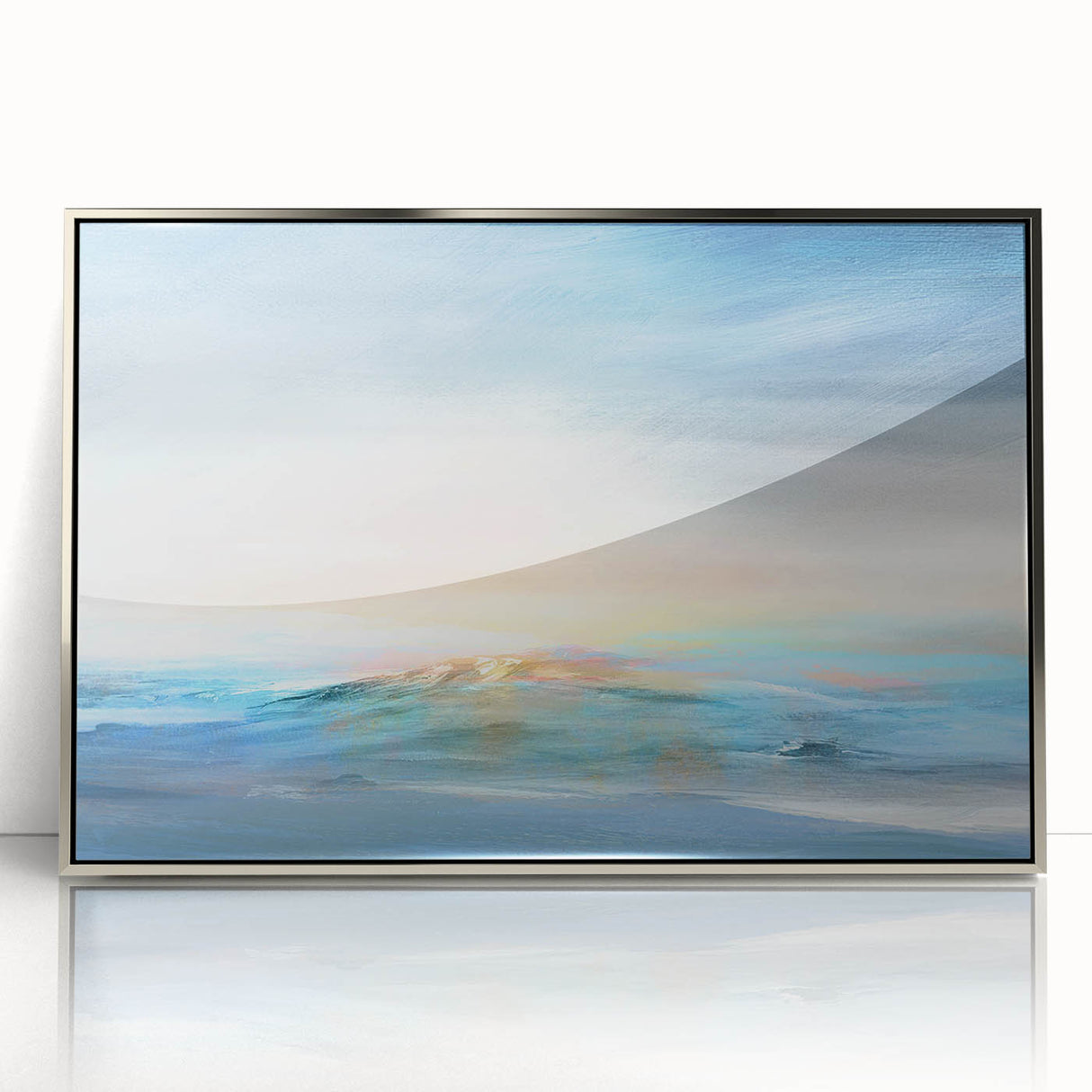 Framed abstract landscape wall art in silver acrylic, showcasing vibrant colors and intricate patterns, perfect for modern home decor. Ideal for enhancing living spaces.
