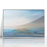 Framed acrylic wall art showcasing an abstract landscape design in soft pastel colors, set against a sleek white frame, perfect for modern home decor.