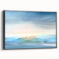 Framed abstract landscape wall art featuring a vibrant color palette with shades of blue, green, and gold, set against a sleek black frame, ideal for modern home decor.