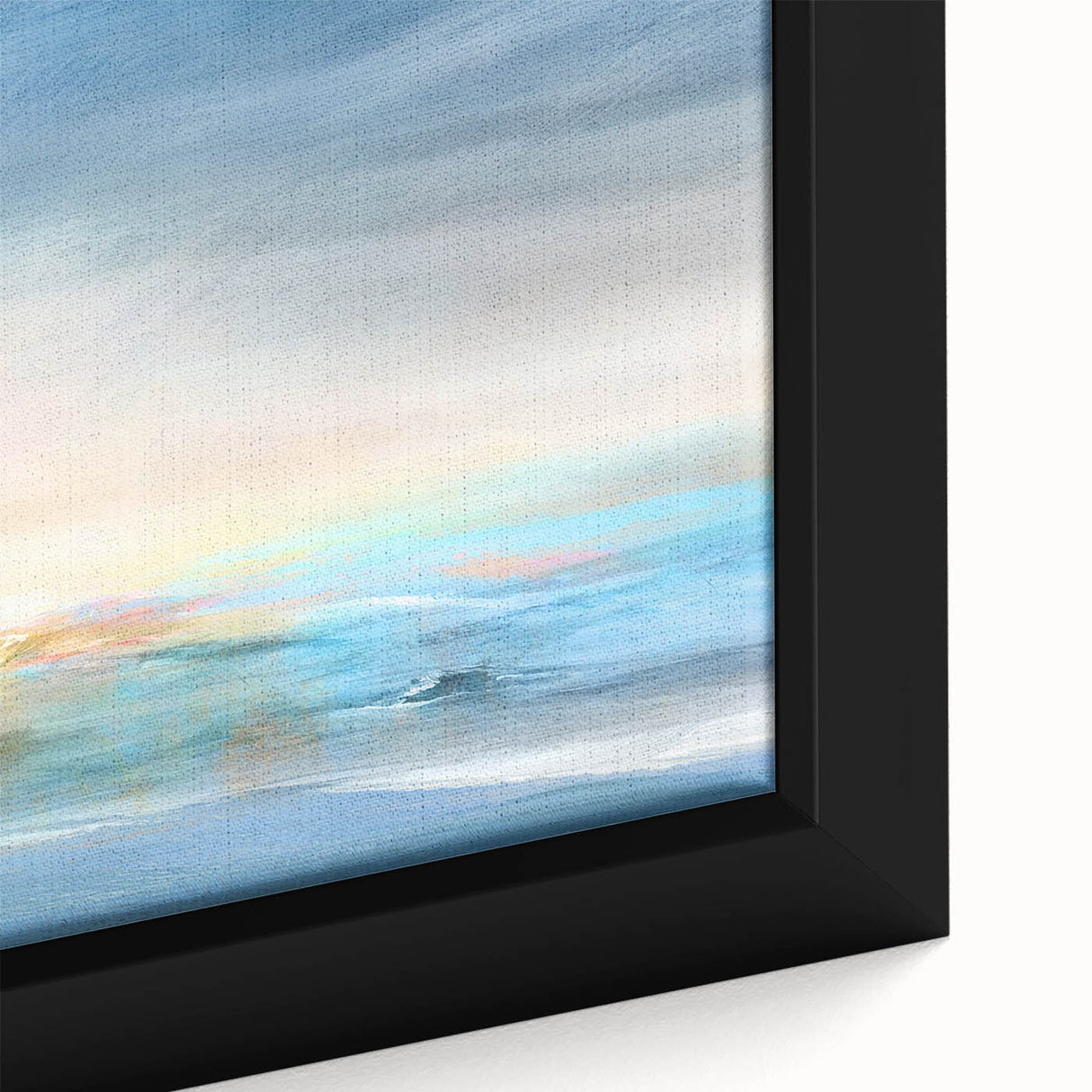 Framed abstract landscape wall art featuring vibrant colors and intricate details, showcasing a close-up view of the textured canvas surface, perfect for modern home decor.