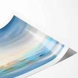 Abstract landscape wall art print showcasing vibrant hues of blue, green, and yellow, rolled for easy transport, ideal for modern home decor and artistic interior design.