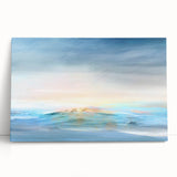 Abstract landscape wall art on stretched canvas, showcasing vibrant colors and fluid shapes, leaning against a neutral wall, perfect for modern home decor.