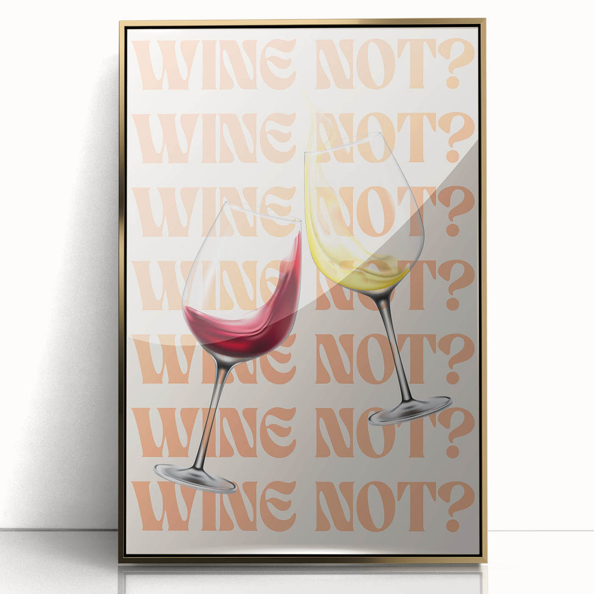 Mid-century modernist art depicting assorted fruits in vibrant colors on a gold-framed acrylic print.
