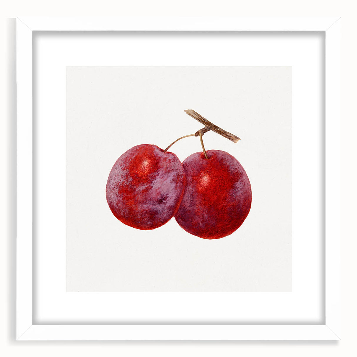 Abstract art print of assorted fruits in muted pastel shades on a white framed poster, suitable for dining room decor.