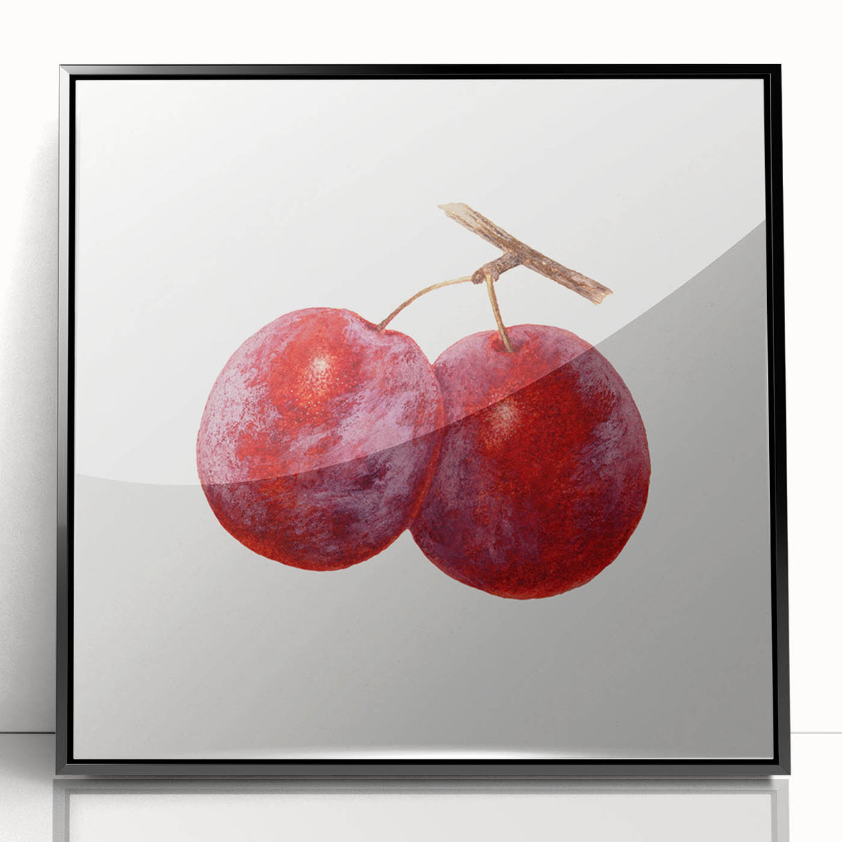 Large abstract wall art featuring assorted fruits in bold colors on a black acrylic framed print.