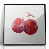 Large abstract wall art featuring assorted fruits in bold colors on a black acrylic framed print.