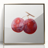 Large art print of assorted fruits in vibrant colors, framed in gold acrylic, in a mid-century modernist style.