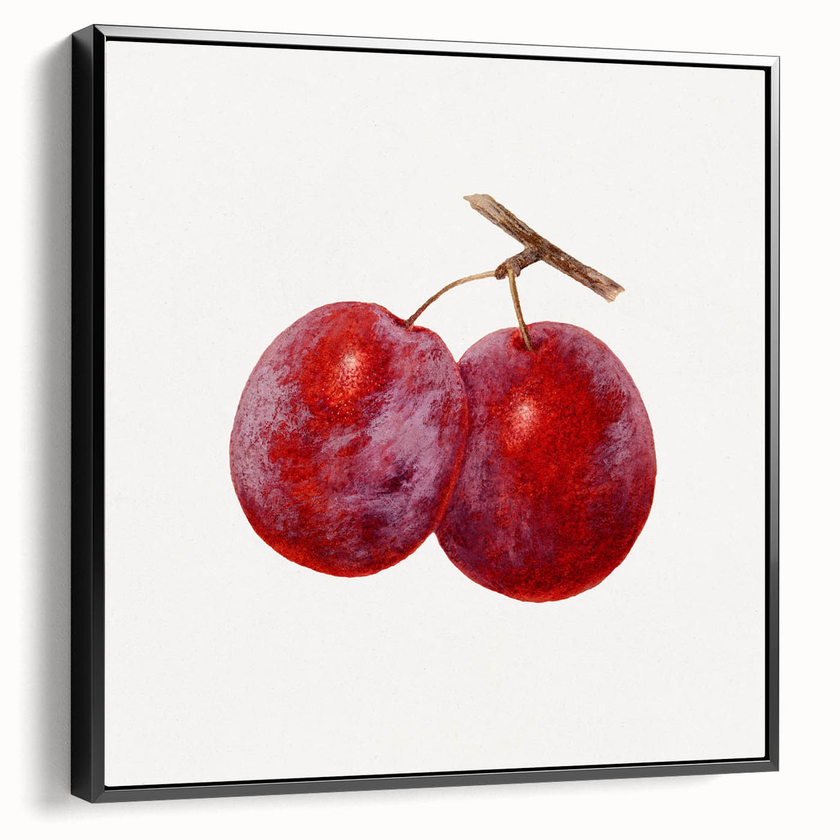 Black and white vintage poster art of assorted fruits on framed canvas, suitable for bedroom decor.