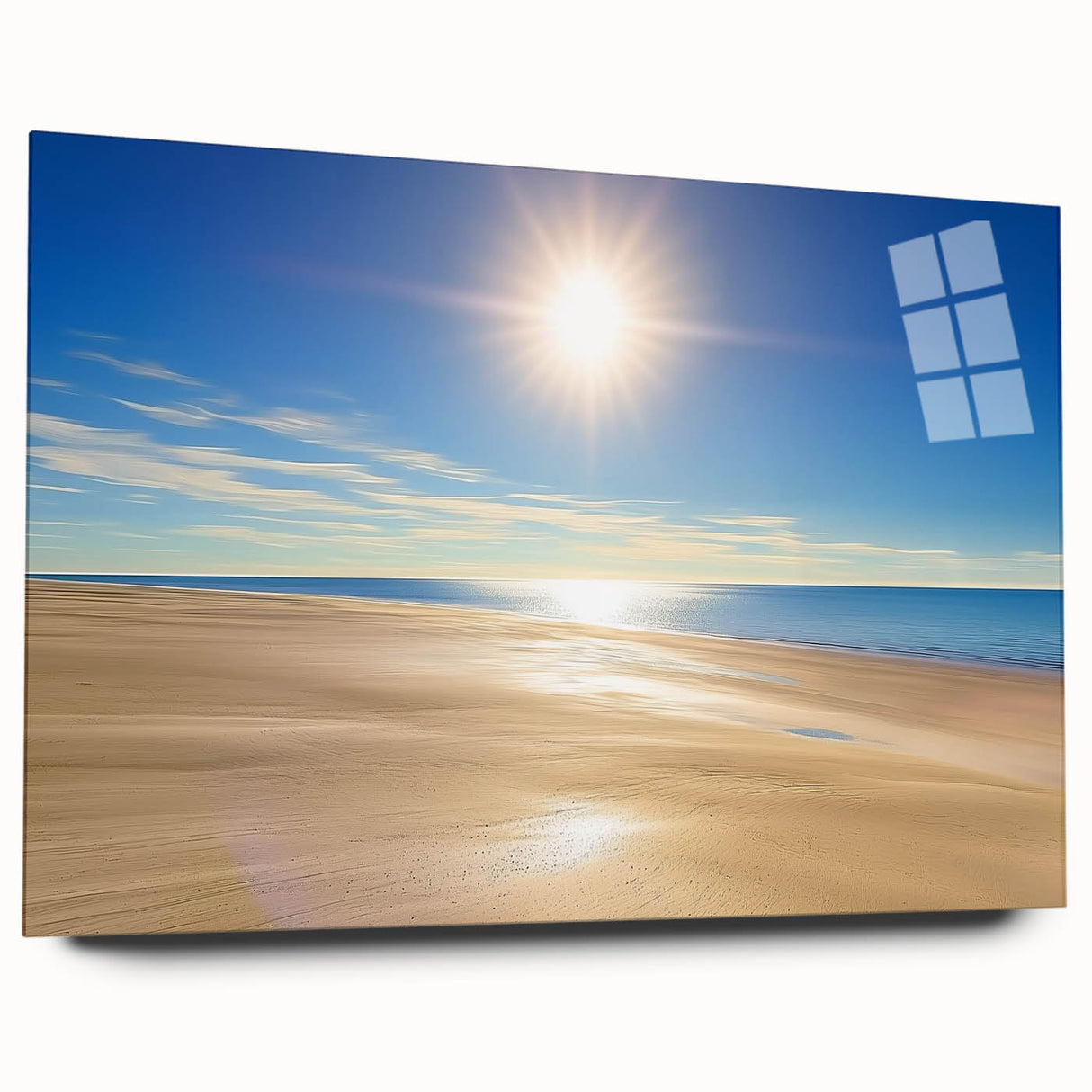 Acrylic landscape artwork depicting serene beaches, showcasing vibrant blues and sandy tones, elegantly displayed in a glass frame from a side view, enhancing coastal decor.